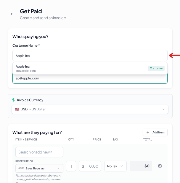 Create your first invoice — Pick or add a customer