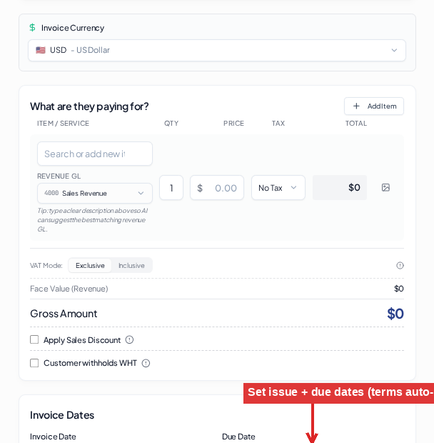 Create your first invoice — Set dates