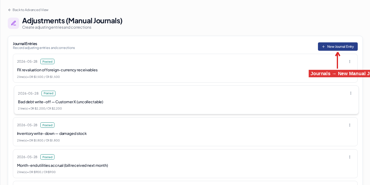 Create a manual journal — Journals → New Manual Journal