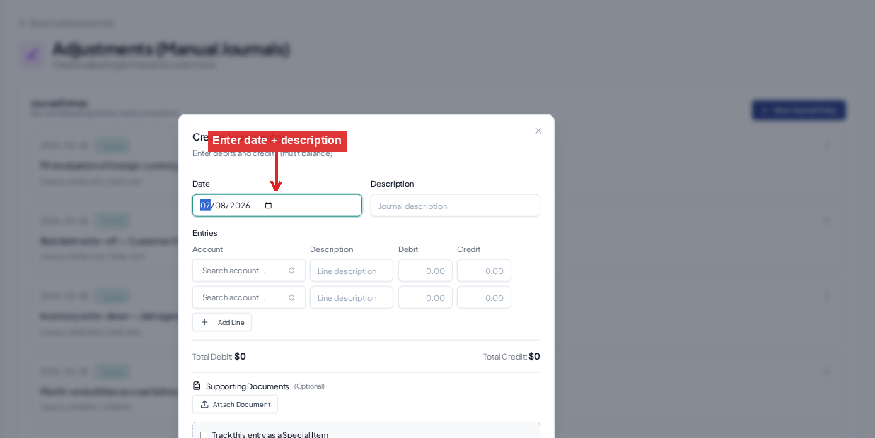 Create a manual journal — Date + description