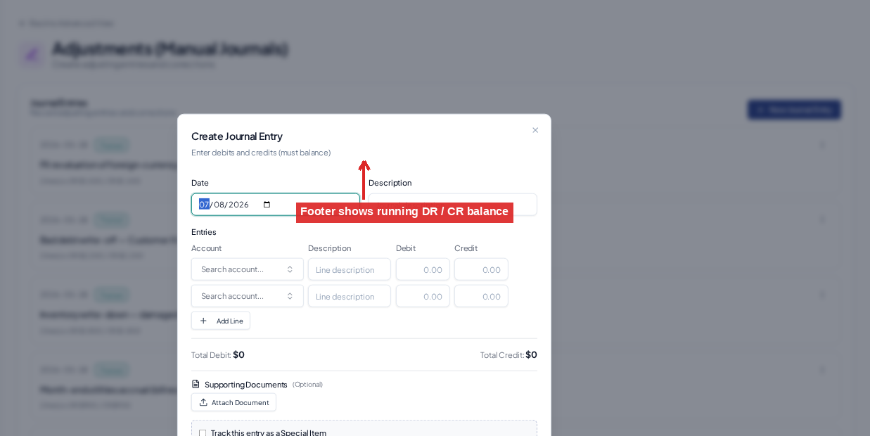 Create a manual journal — Confirm DR = CR