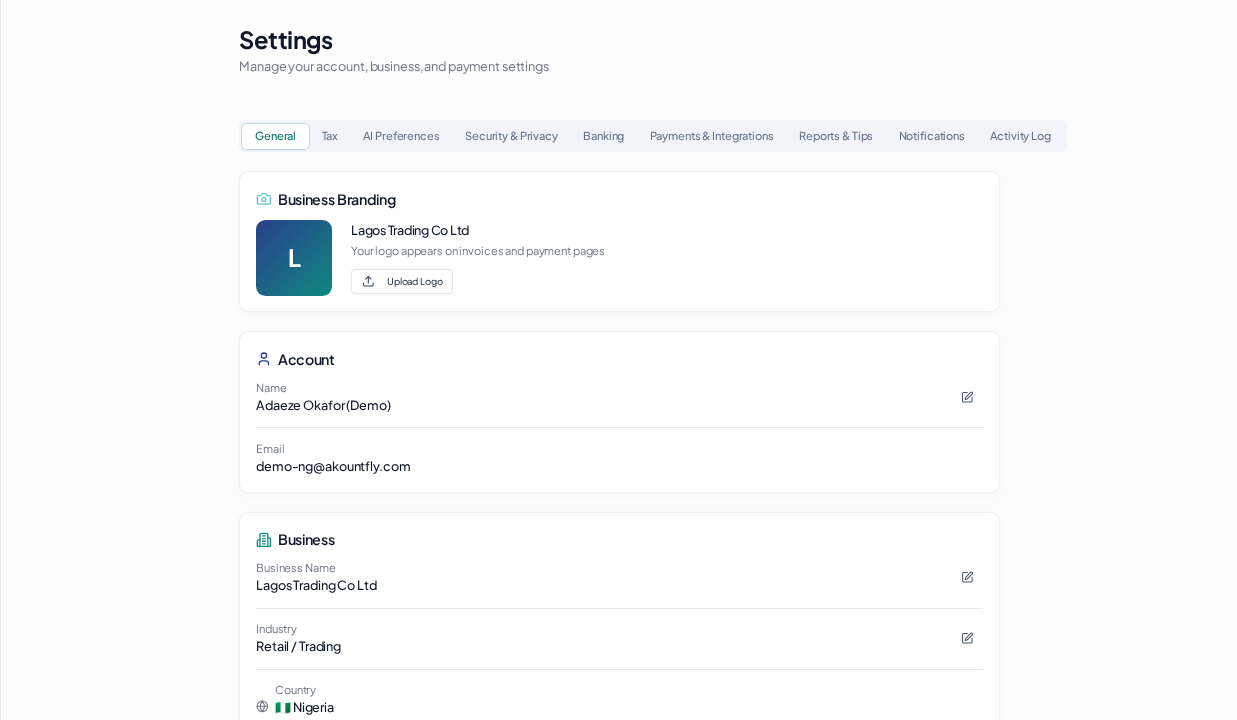 Business settings: overview