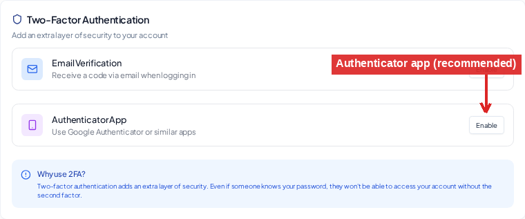Login sessions and two-factor authentication (2FA) — Enable a 2FA method