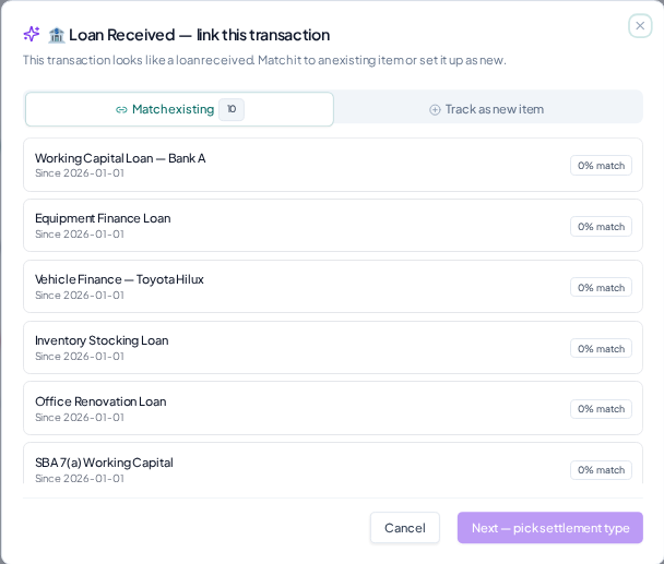 Approving loans, assets, investments & prepayments from the bank feed. Approve the flagged transaction