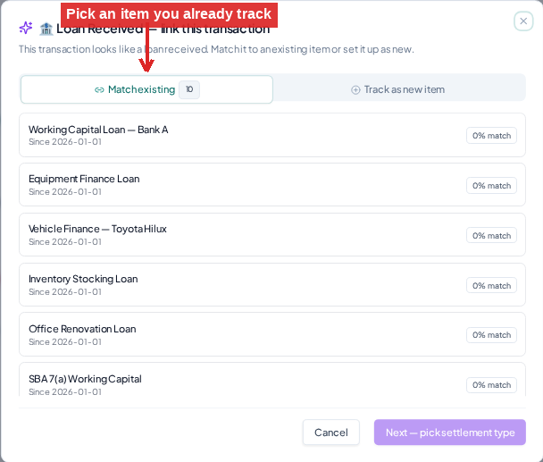 Approving loans, assets, investments & prepayments from the bank feed. Match existing…