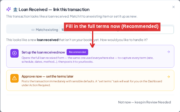 Approving loans, assets, investments & prepayments from the bank feed: …or track as new