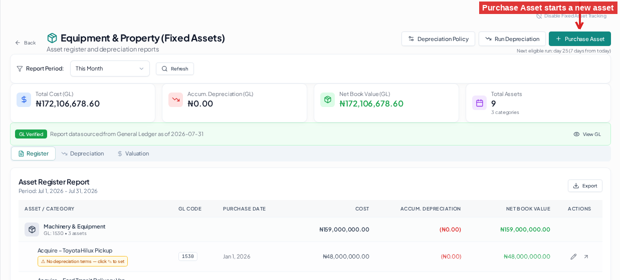Add a Fixed Asset. Click Purchase Asset