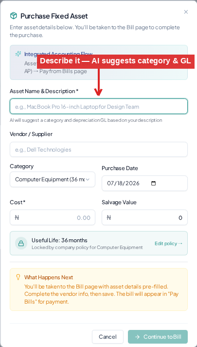 Add a Fixed Asset. Enter the asset details
