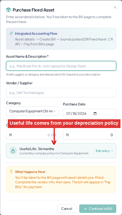 Add a Fixed Asset. Useful life follows your policy