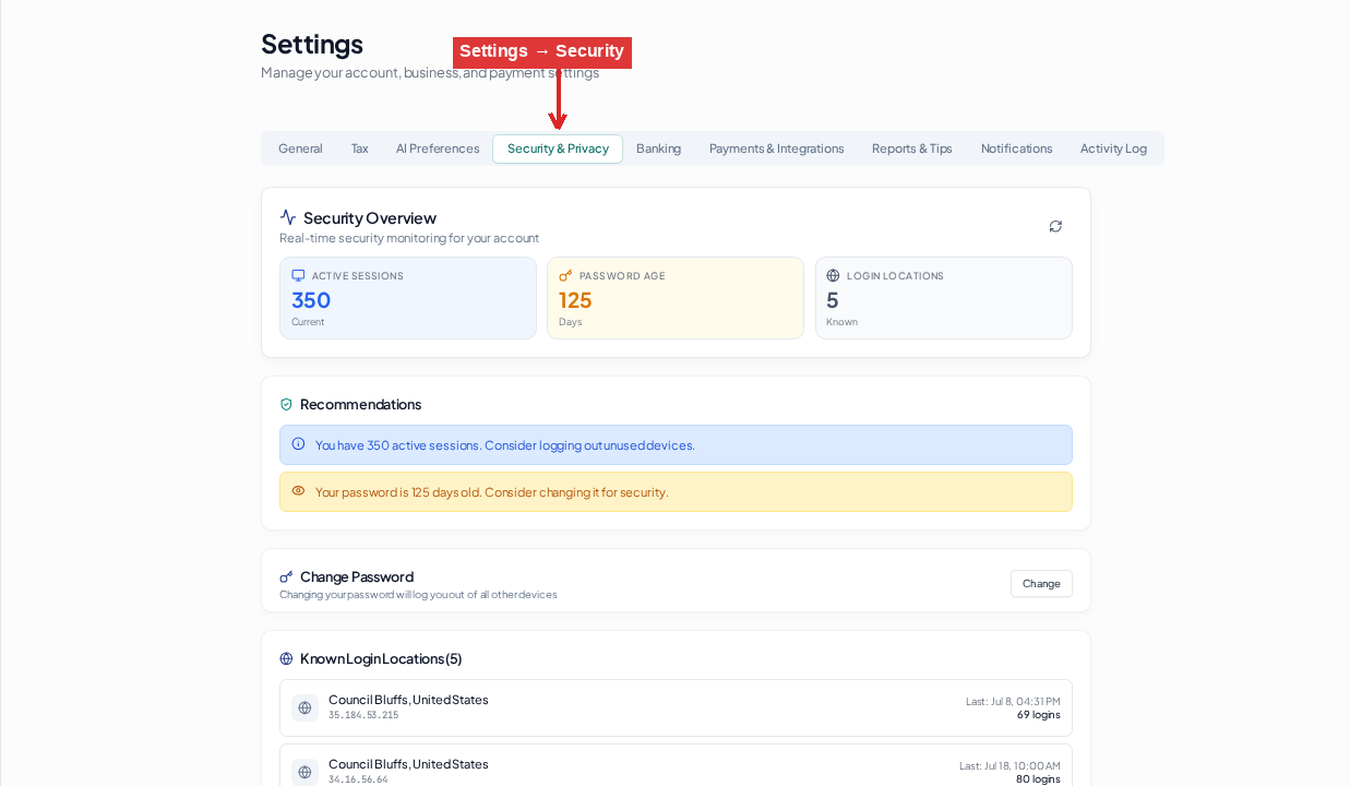 Login sessions and two-factor authentication (2FA) — Open Security & Privacy settings