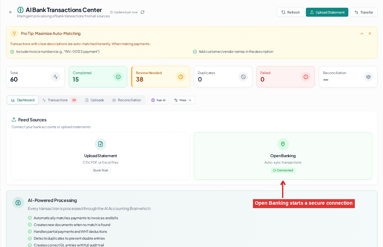 Connect Your First Bank. Choose Open Banking on the Dashboard tab