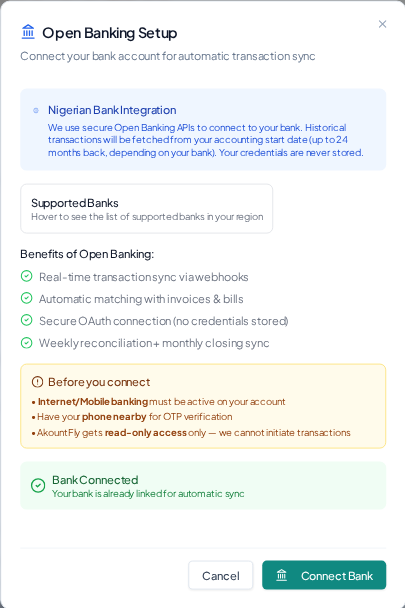 Connect Your First Bank. Review and click Connect Bank