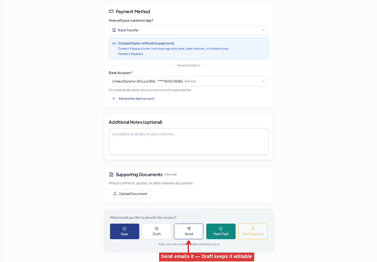 Create Your First Invoice — Save, draft or send