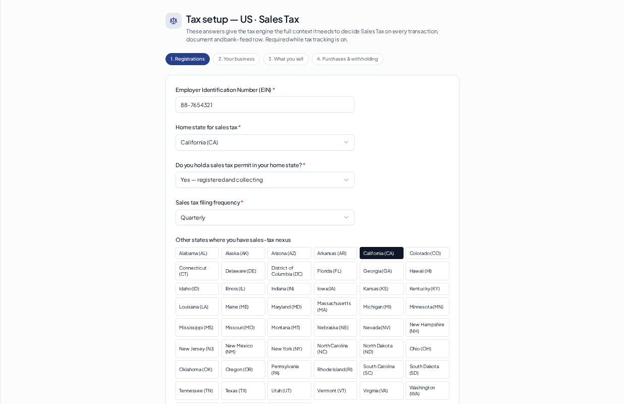 Complete the tax setup questionnaire (and what your answers change) - Registrations