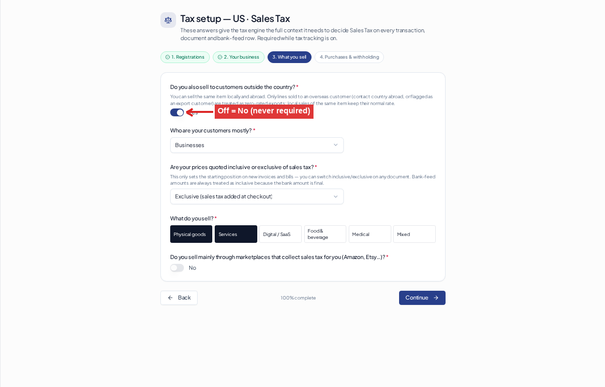 Complete the tax setup questionnaire (and what your answers change) - Sales & purchases