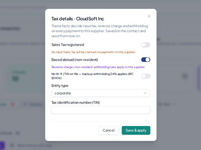 Decide VAT / Sales Tax and WHT on each bank transaction - Tell us about the counterparty